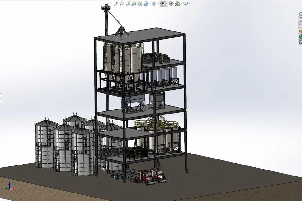 Modelo 3D conceptual de planta de dosificación y mezclado, vista general